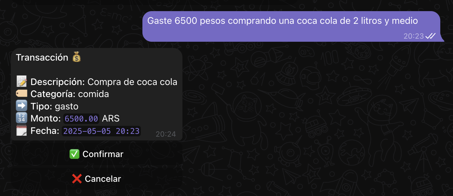 Ejemplo de chat con Quipu - un bot financiero que registra gastos