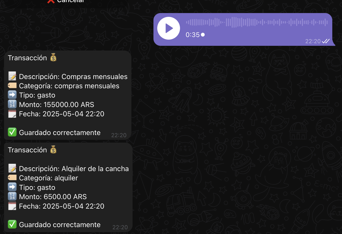 Ejemplo de múltiples transacciones financieras en Quipu, el bot de Telegram para gestionar gastos